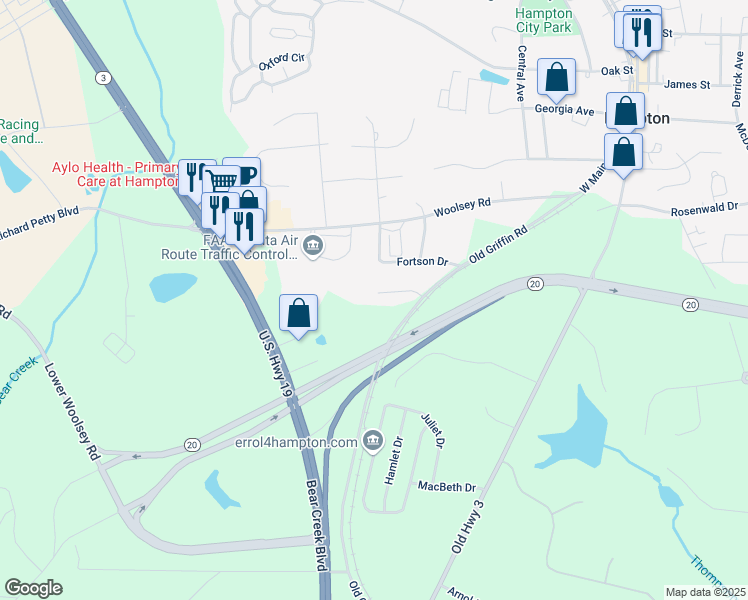 map of restaurants, bars, coffee shops, grocery stores, and more near 12 Bonnie Glen Lane in Hampton