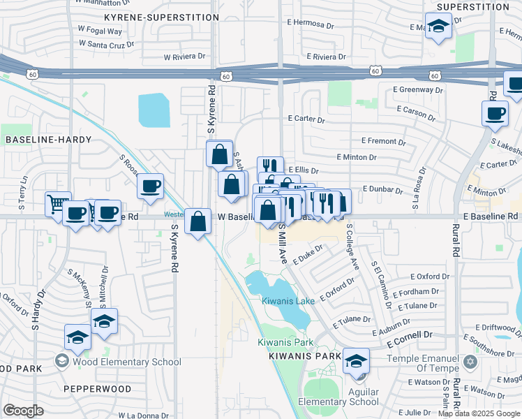 map of restaurants, bars, coffee shops, grocery stores, and more near 37 West Baseline Road in Tempe