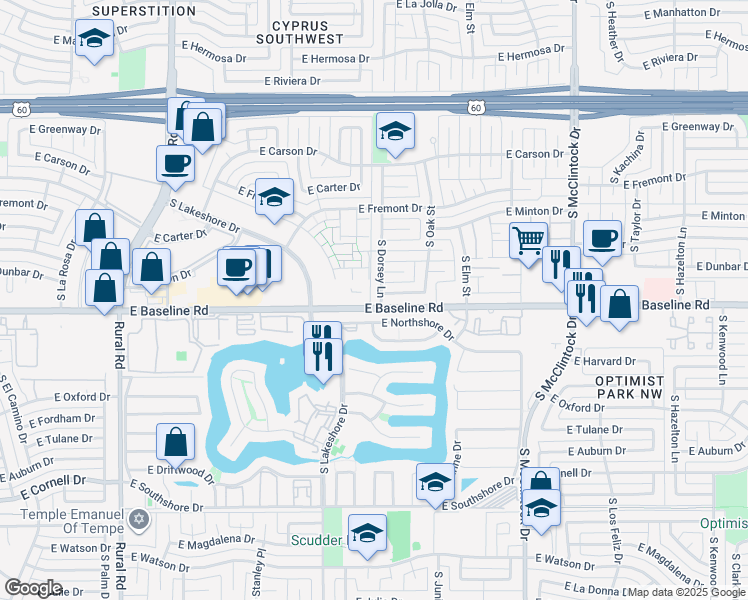 map of restaurants, bars, coffee shops, grocery stores, and more near 1304 East Northshore Drive in Tempe