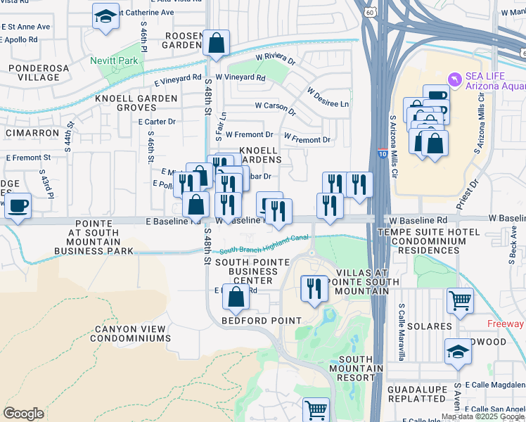 map of restaurants, bars, coffee shops, grocery stores, and more near 2420 West Baseline Road in Tempe