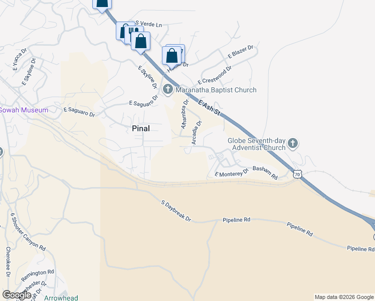map of restaurants, bars, coffee shops, grocery stores, and more near 1220 Montecito Drive in Globe