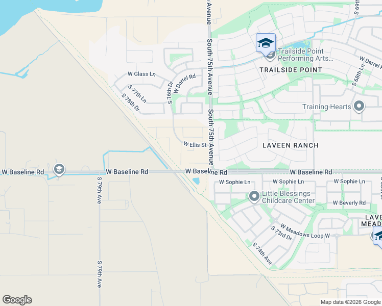map of restaurants, bars, coffee shops, grocery stores, and more near 7530-7610 West Baseline Road in Phoenix