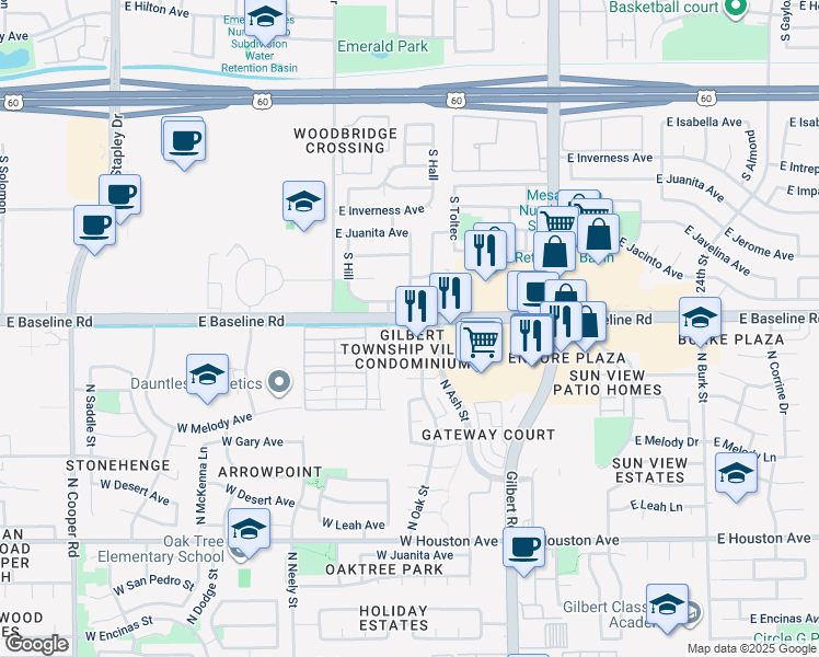 map of restaurants, bars, coffee shops, grocery stores, and more near 1757 East Baseline Road in Gilbert