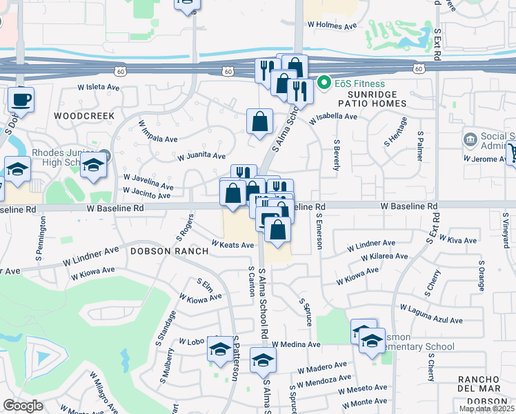 map of restaurants, bars, coffee shops, grocery stores, and more near W Baseline Rd & S Alma School Rd in Mesa