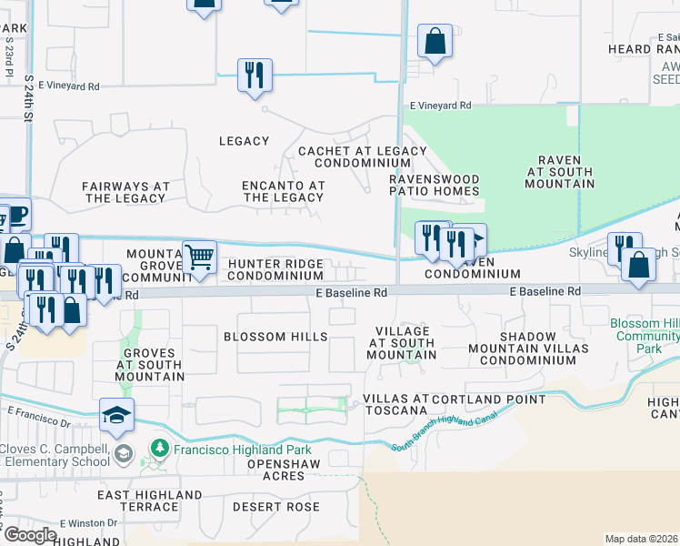map of restaurants, bars, coffee shops, grocery stores, and more near 7521 South 31st Place in Phoenix
