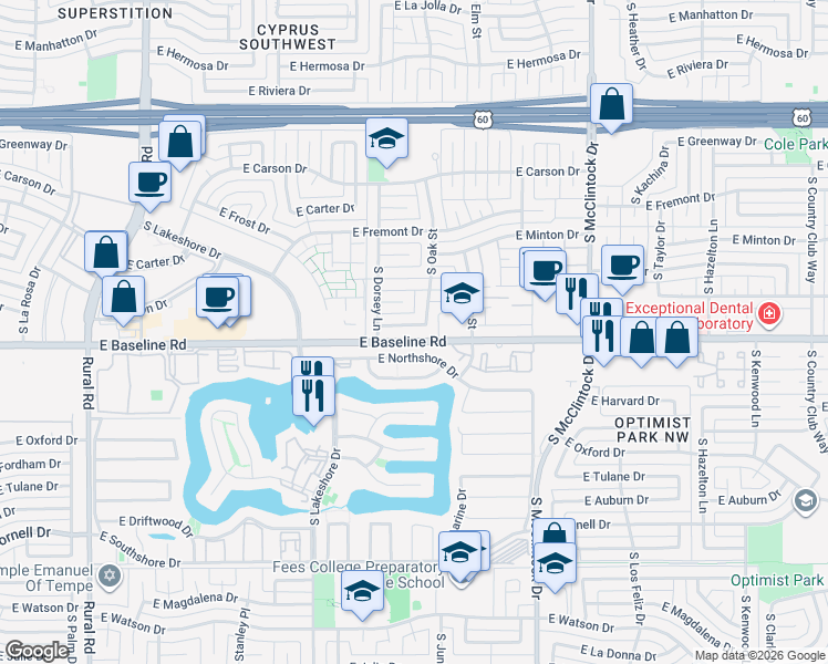 map of restaurants, bars, coffee shops, grocery stores, and more near 1334 East Northshore Drive in Tempe