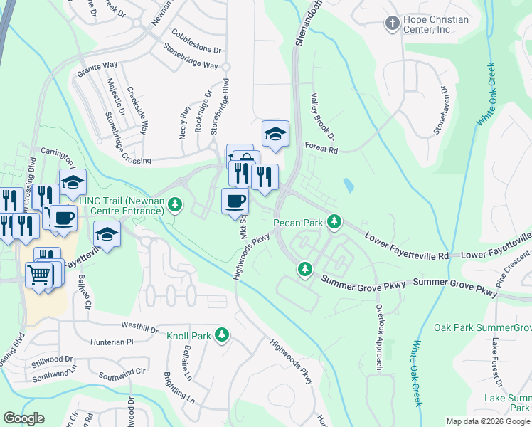 map of restaurants, bars, coffee shops, grocery stores, and more near 67 Market Square Road in Newnan