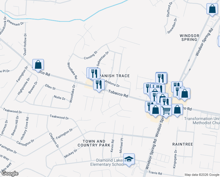 map of restaurants, bars, coffee shops, grocery stores, and more near 2557 Tobacco Road in Hephzibah