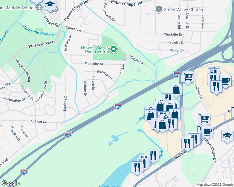 map of restaurants, bars, coffee shops, grocery stores, and more near 364 Amber Lane in Birmingham