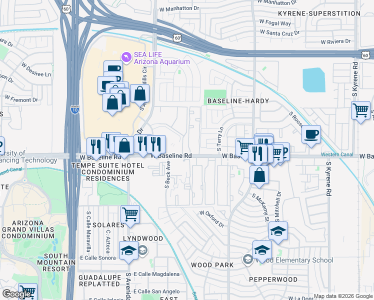 map of restaurants, bars, coffee shops, grocery stores, and more near in Tempe