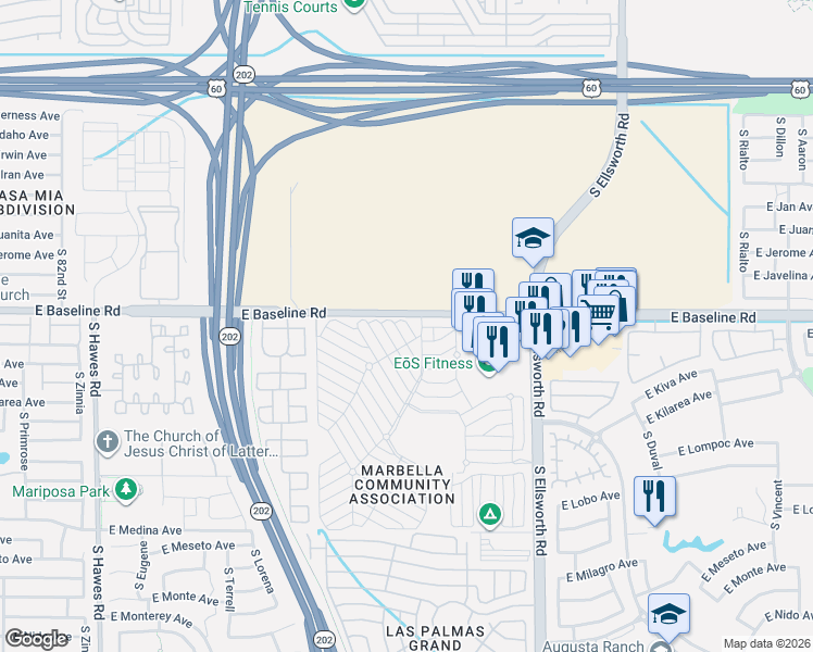 map of restaurants, bars, coffee shops, grocery stores, and more near Aztec Drive in Mesa