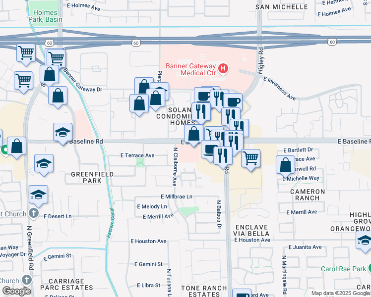 map of restaurants, bars, coffee shops, grocery stores, and more near in Gilbert
