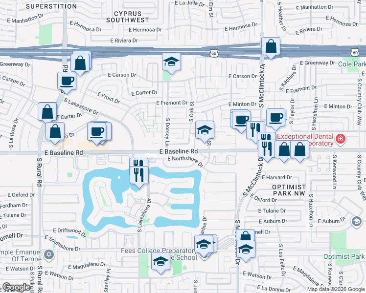 map of restaurants, bars, coffee shops, grocery stores, and more near 1334 East Northshore Drive in Tempe