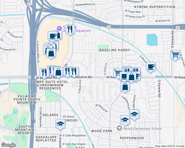 map of restaurants, bars, coffee shops, grocery stores, and more near 1219 West Baseline Road in Tempe
