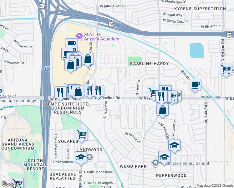 map of restaurants, bars, coffee shops, grocery stores, and more near in Tempe