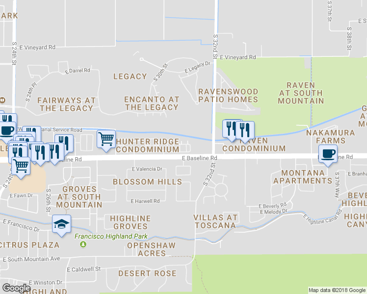 map of restaurants, bars, coffee shops, grocery stores, and more near 2950-3020 East Baseline Road in Phoenix