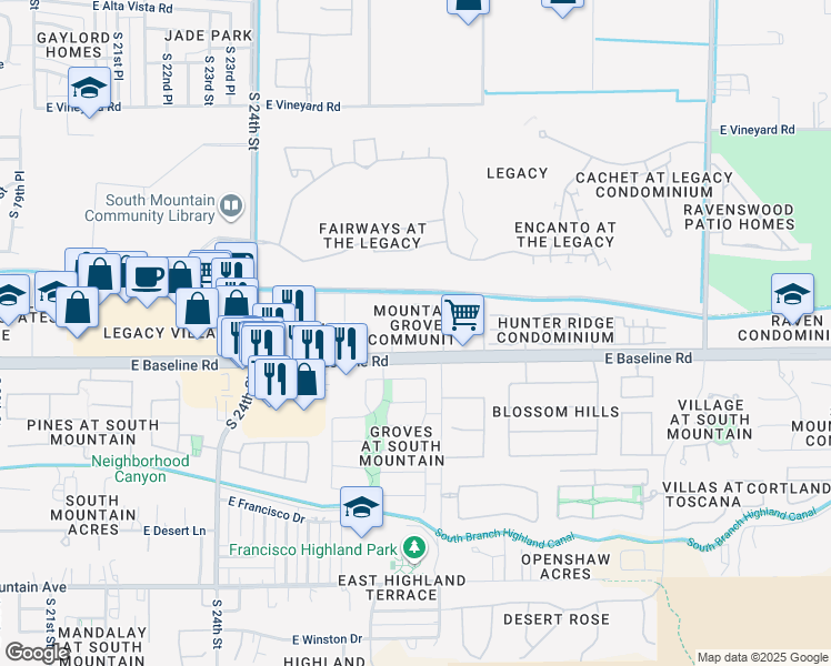 map of restaurants, bars, coffee shops, grocery stores, and more near 2707 East Donner Drive in Phoenix