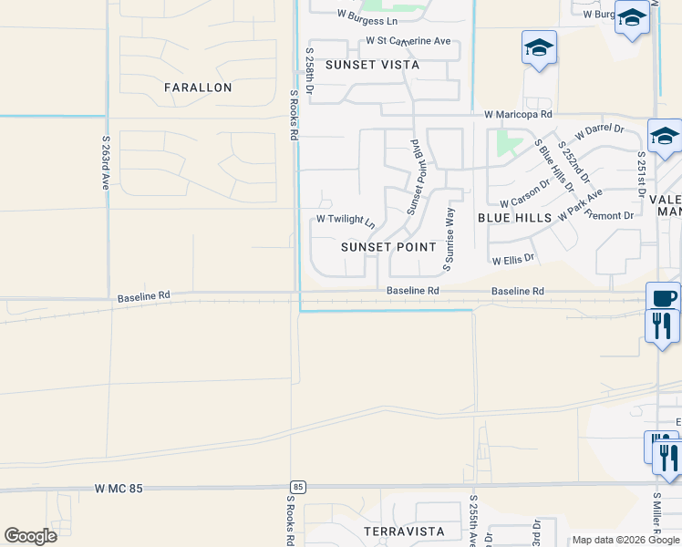 map of restaurants, bars, coffee shops, grocery stores, and more near 25763 West Satellite Lane in Buckeye