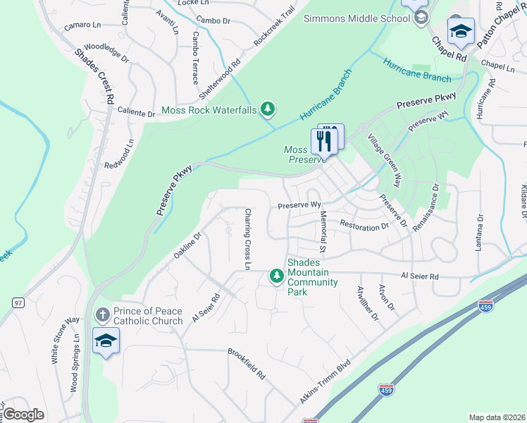 map of restaurants, bars, coffee shops, grocery stores, and more near 723 Heritage Park Lane in Hoover