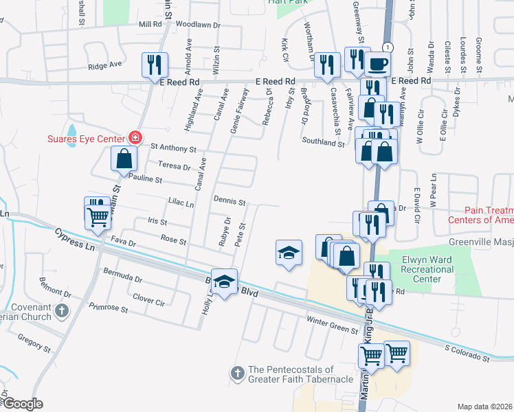 map of restaurants, bars, coffee shops, grocery stores, and more near 407 Main Street in Greenville