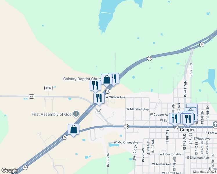 map of restaurants, bars, coffee shops, grocery stores, and more near Texas 24 in Cooper