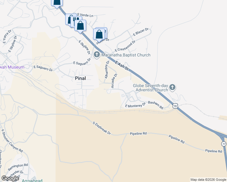 map of restaurants, bars, coffee shops, grocery stores, and more near 1220 Montecito Drive in Globe