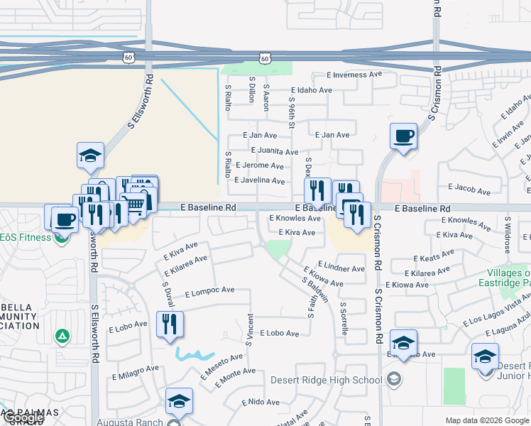 map of restaurants, bars, coffee shops, grocery stores, and more near 9710 East Kiva Avenue in Mesa
