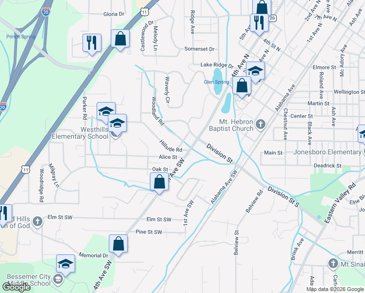 map of restaurants, bars, coffee shops, grocery stores, and more near 394 4th Avenue Southwest in Bessemer
