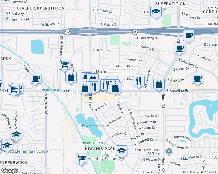 map of restaurants, bars, coffee shops, grocery stores, and more near 202 East Baseline Road in Tempe
