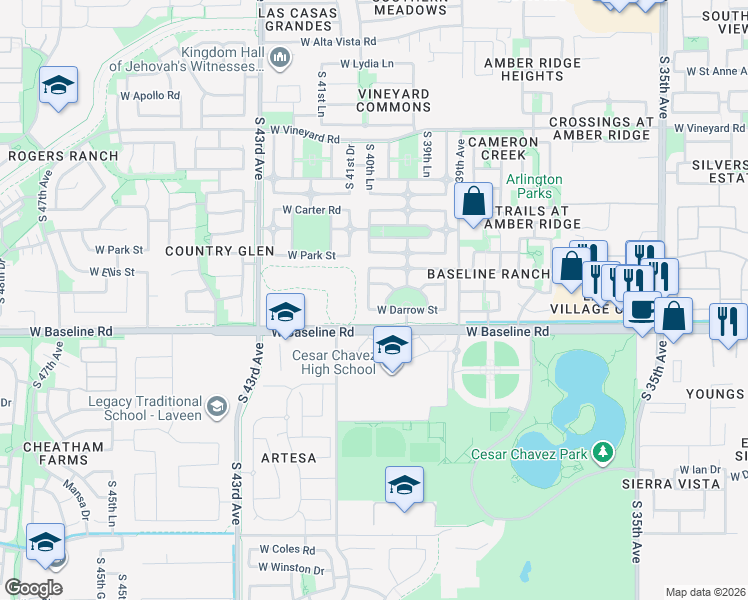 map of restaurants, bars, coffee shops, grocery stores, and more near 4021 West Darrow Street in Phoenix