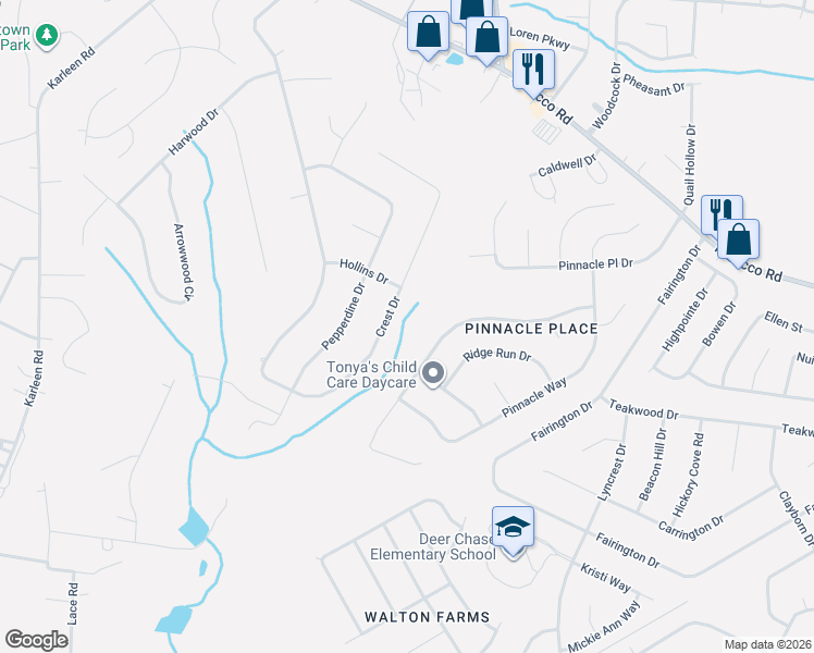 map of restaurants, bars, coffee shops, grocery stores, and more near 4353 Creekview Drive in Hephzibah