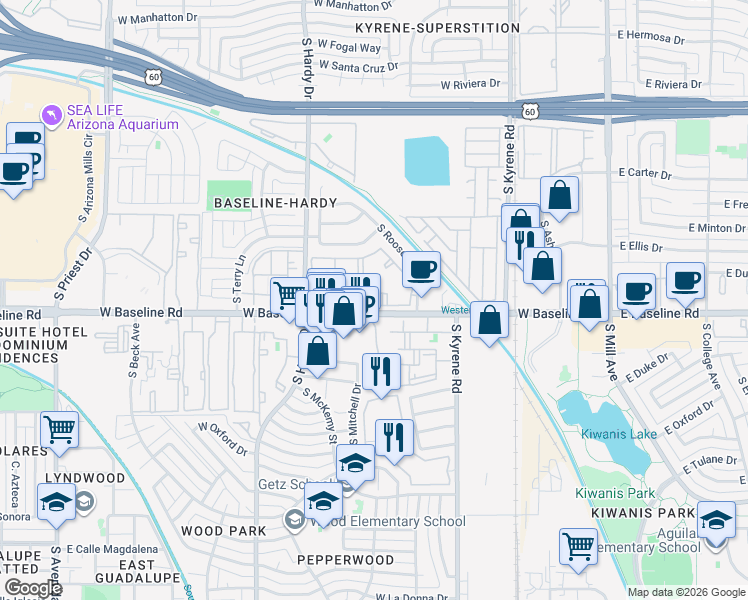 map of restaurants, bars, coffee shops, grocery stores, and more near 750 West Baseline Road in Tempe