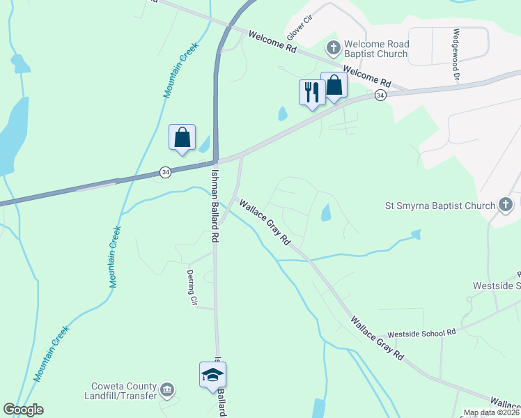 map of restaurants, bars, coffee shops, grocery stores, and more near 175 Chapel Hill Parkway in Newnan