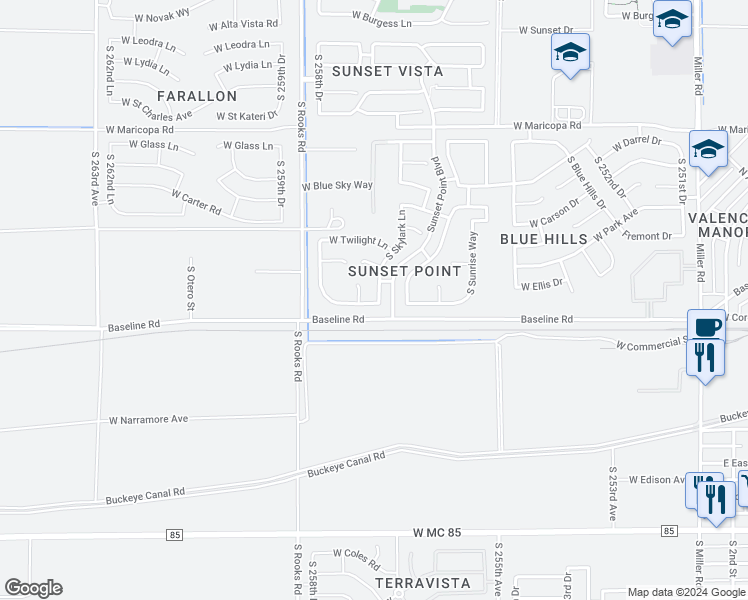 map of restaurants, bars, coffee shops, grocery stores, and more near 7504 South Skylark Lane in Buckeye