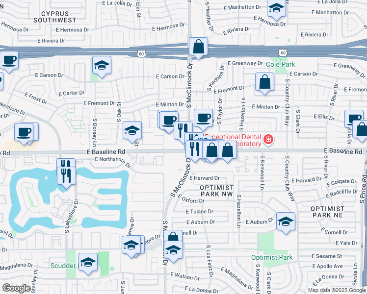 map of restaurants, bars, coffee shops, grocery stores, and more near in Tempe