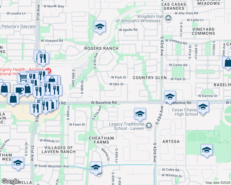 map of restaurants, bars, coffee shops, grocery stores, and more near 4609 West Donner Drive in Phoenix