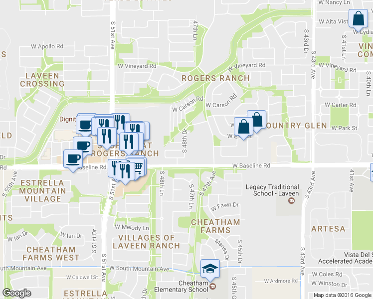 map of restaurants, bars, coffee shops, grocery stores, and more near 7423 South 48th Drive in Phoenix