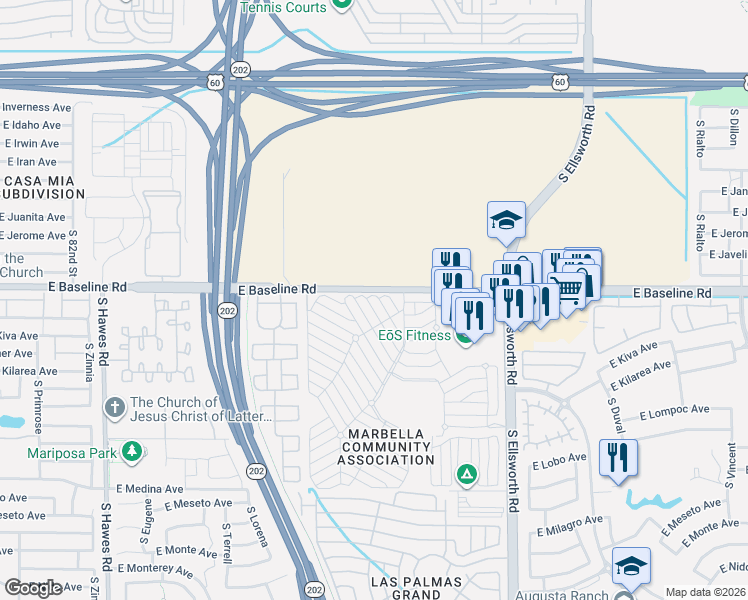 map of restaurants, bars, coffee shops, grocery stores, and more near Aztec Drive in Mesa