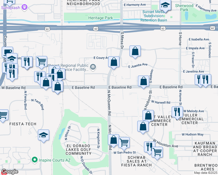 map of restaurants, bars, coffee shops, grocery stores, and more near E Baseline Rd & N McQueen Rd in Gilbert