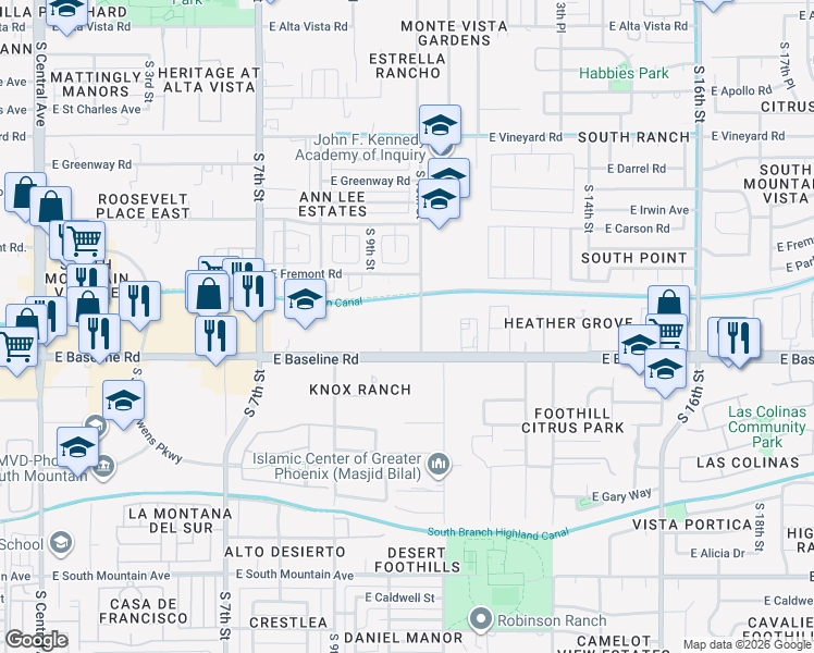 map of restaurants, bars, coffee shops, grocery stores, and more near 7321 South 9th Street in Phoenix