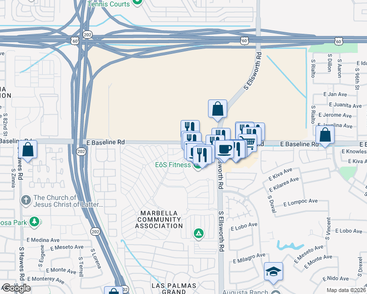 map of restaurants, bars, coffee shops, grocery stores, and more near 9100-9142 E Baseline Rd in Mesa