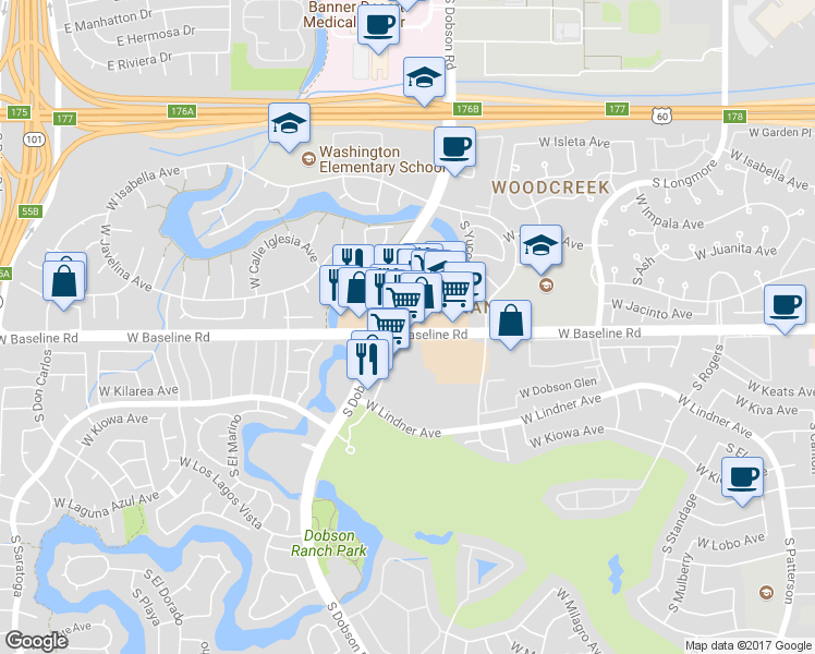 map of restaurants, bars, coffee shops, grocery stores, and more near 1950 West Baseline Road in Mesa