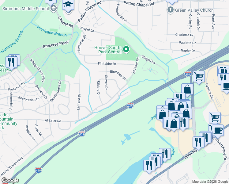 map of restaurants, bars, coffee shops, grocery stores, and more near 3494 Kildare Drive in Birmingham