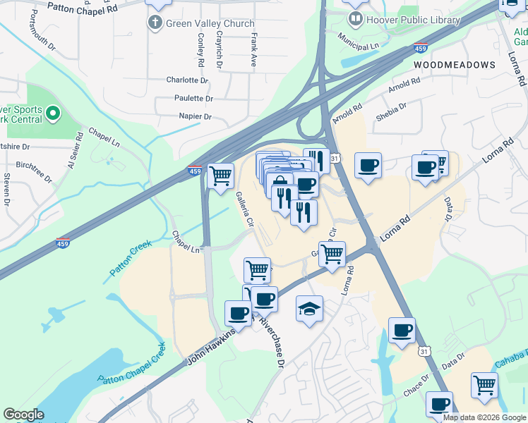 map of restaurants, bars, coffee shops, grocery stores, and more near 3000 Galleria Circle in Birmingham