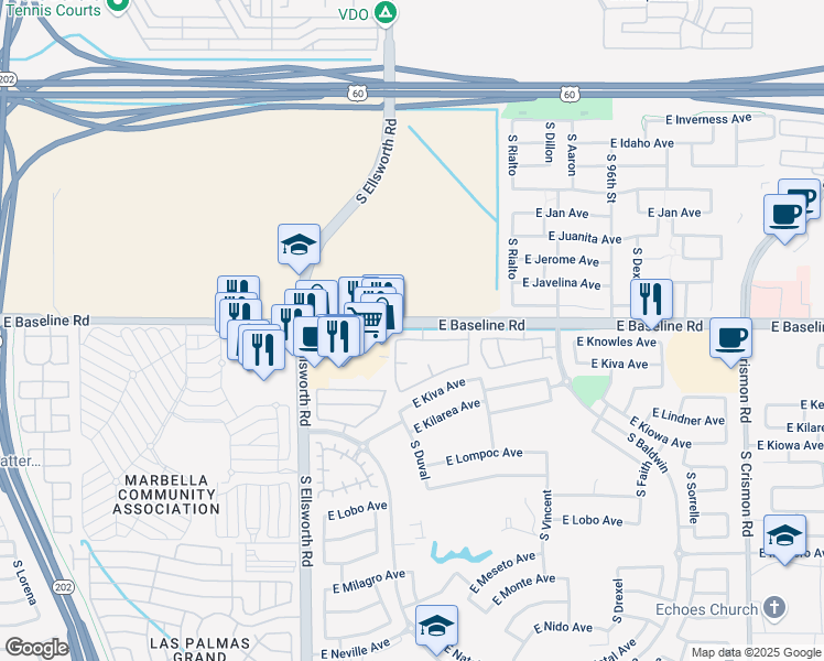 map of restaurants, bars, coffee shops, grocery stores, and more near 9335 East Baseline Road in Mesa