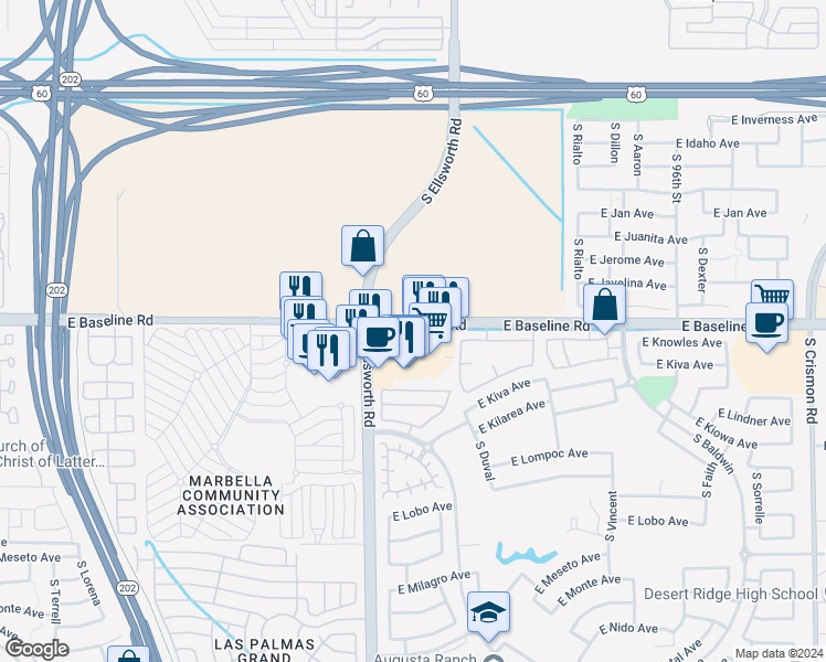 map of restaurants, bars, coffee shops, grocery stores, and more near 9315 East Baseline Road in Mesa