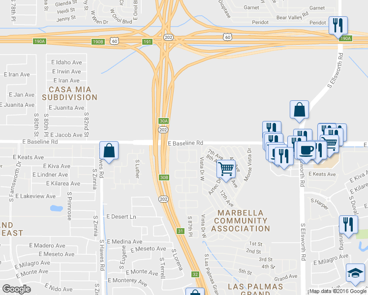 map of restaurants, bars, coffee shops, grocery stores, and more near 8720 East Knowles Avenue in Mesa