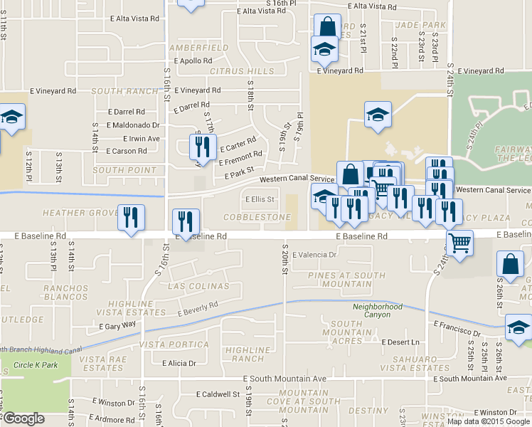map of restaurants, bars, coffee shops, grocery stores, and more near 1843 East Ellis Street in Phoenix