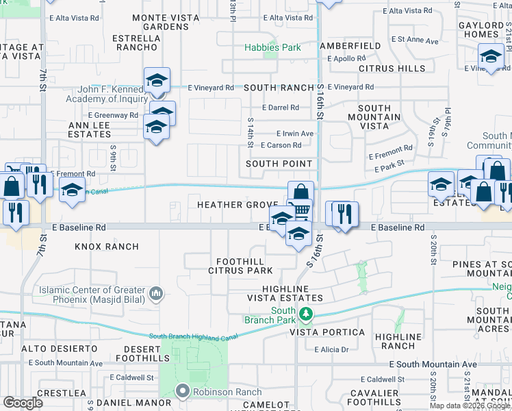 map of restaurants, bars, coffee shops, grocery stores, and more near 1406 East Dunbar Drive in Phoenix