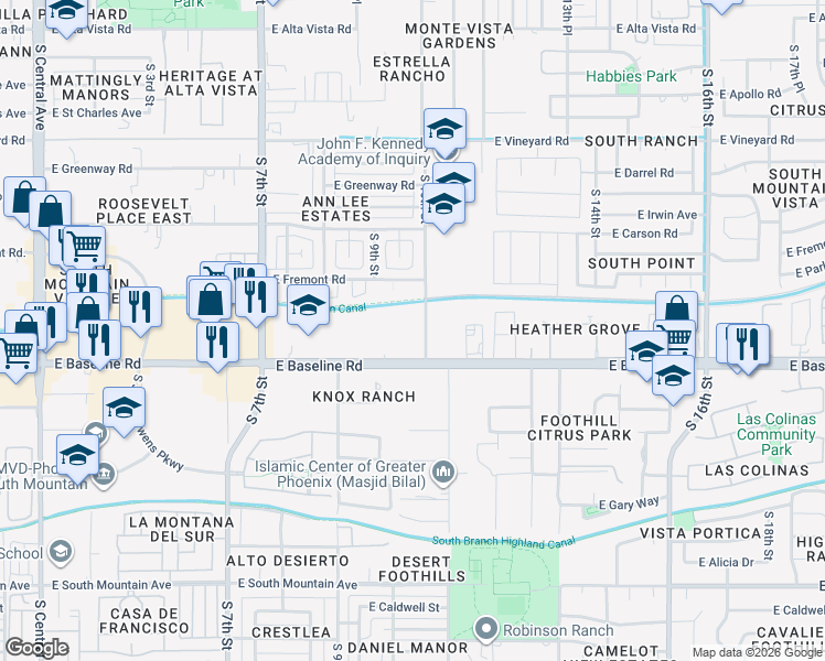 map of restaurants, bars, coffee shops, grocery stores, and more near 7321 South 9th Street in Phoenix